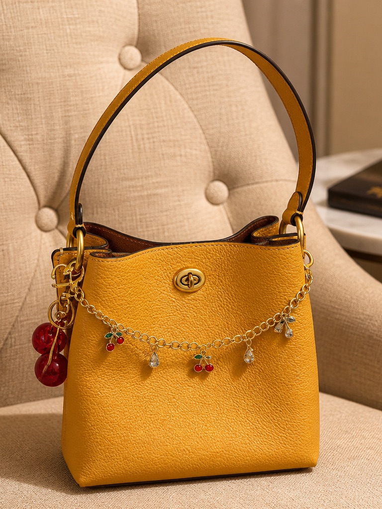 Yellow Coach Women's Leather Bucket Bag With Charm